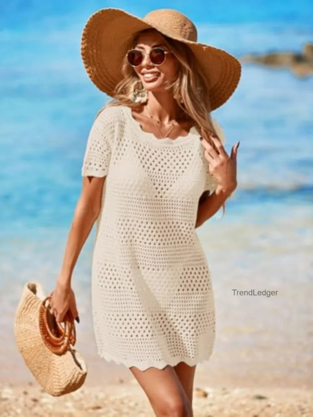 Crochet Swimsuit Cover Up Mini Dress Short Sleeve Mesh Knit Beach Coverup